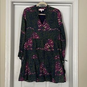 Jude Connally Vibrant Animal/Leopard Tiered Dress w/  Tassel Tie Sleeves Medium